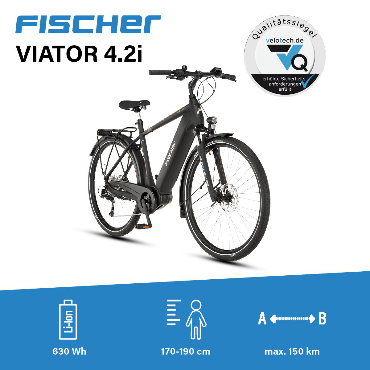 Schwarzes Fischer Viator 4.2i E-Trekkingrad mit 630 Wh Akku und Siegel auf weißem und blauem Hintergrund.