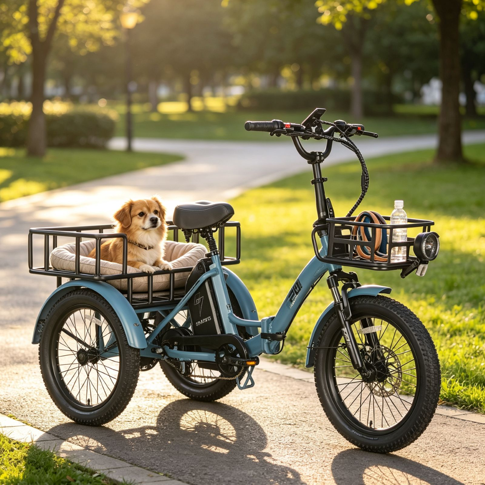 Un triciclo eléctrico azul con un perrito sentado en su cesta trasera en un parque soleado.