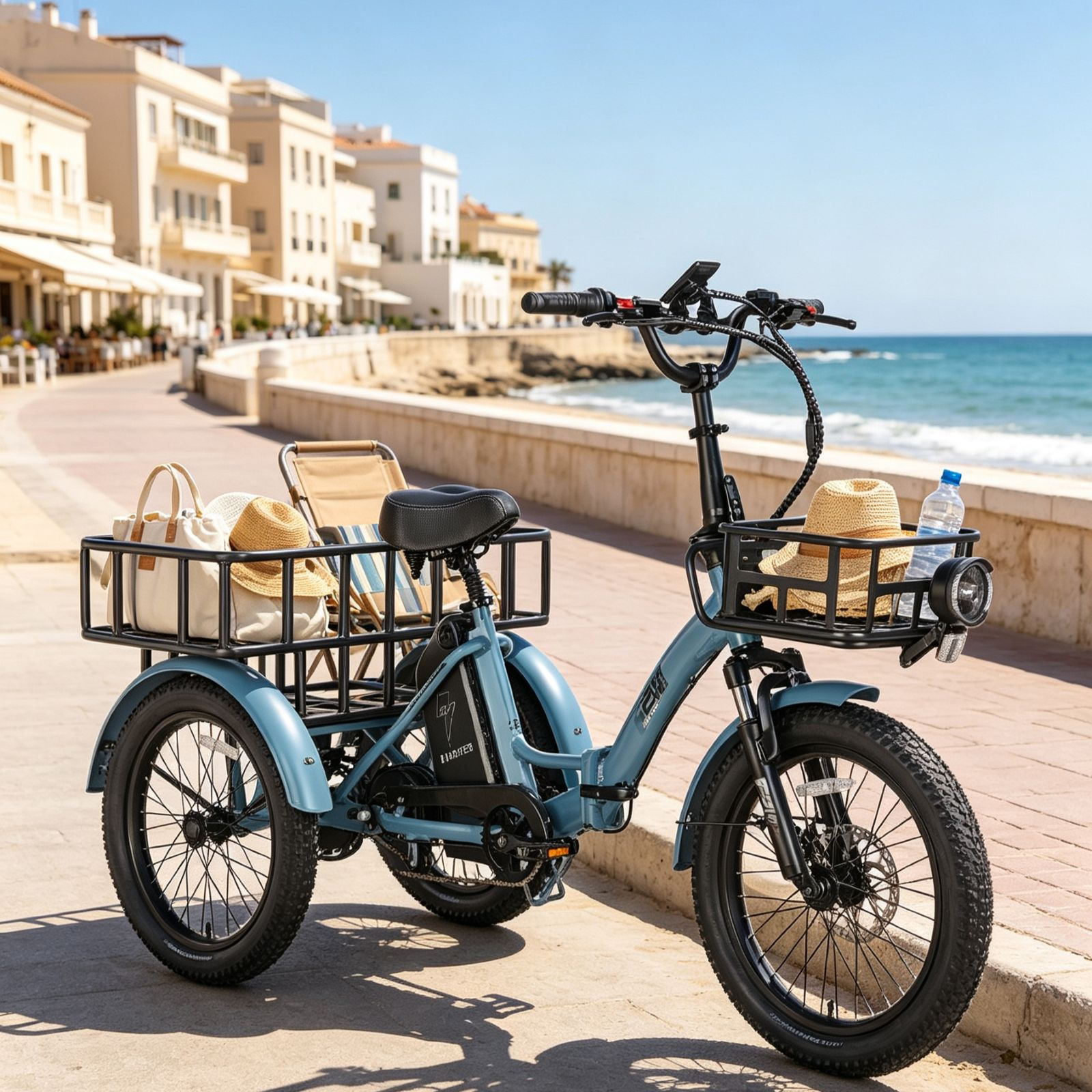 Un triciclo eléctrico azul con cestas para bolsos y sombreros aparcado en un paseo marítimo frente al mar.