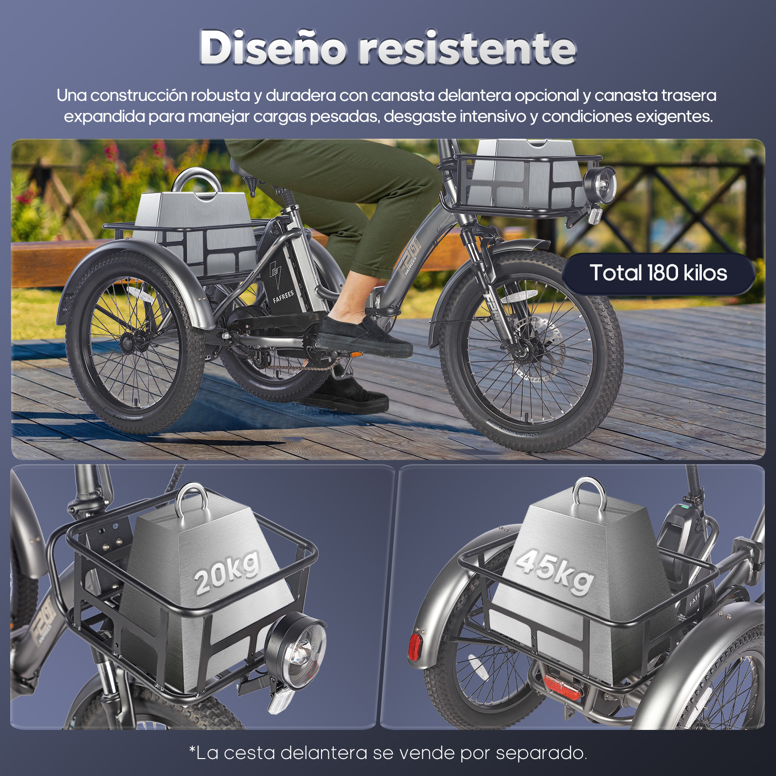 Resistente triciclo de carga con canastas delantera y trasera y capacidad de 180 kg.