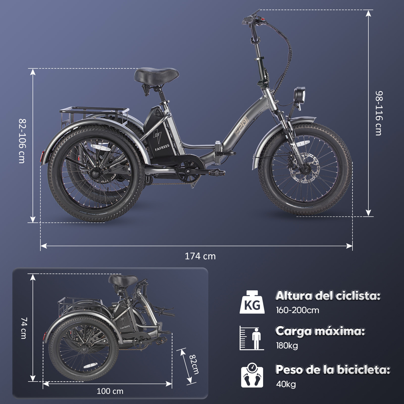 Triciclo eléctrico FAFREES gris con dimensiones, altura del ciclista, carga máxima y peso en fondo azul.