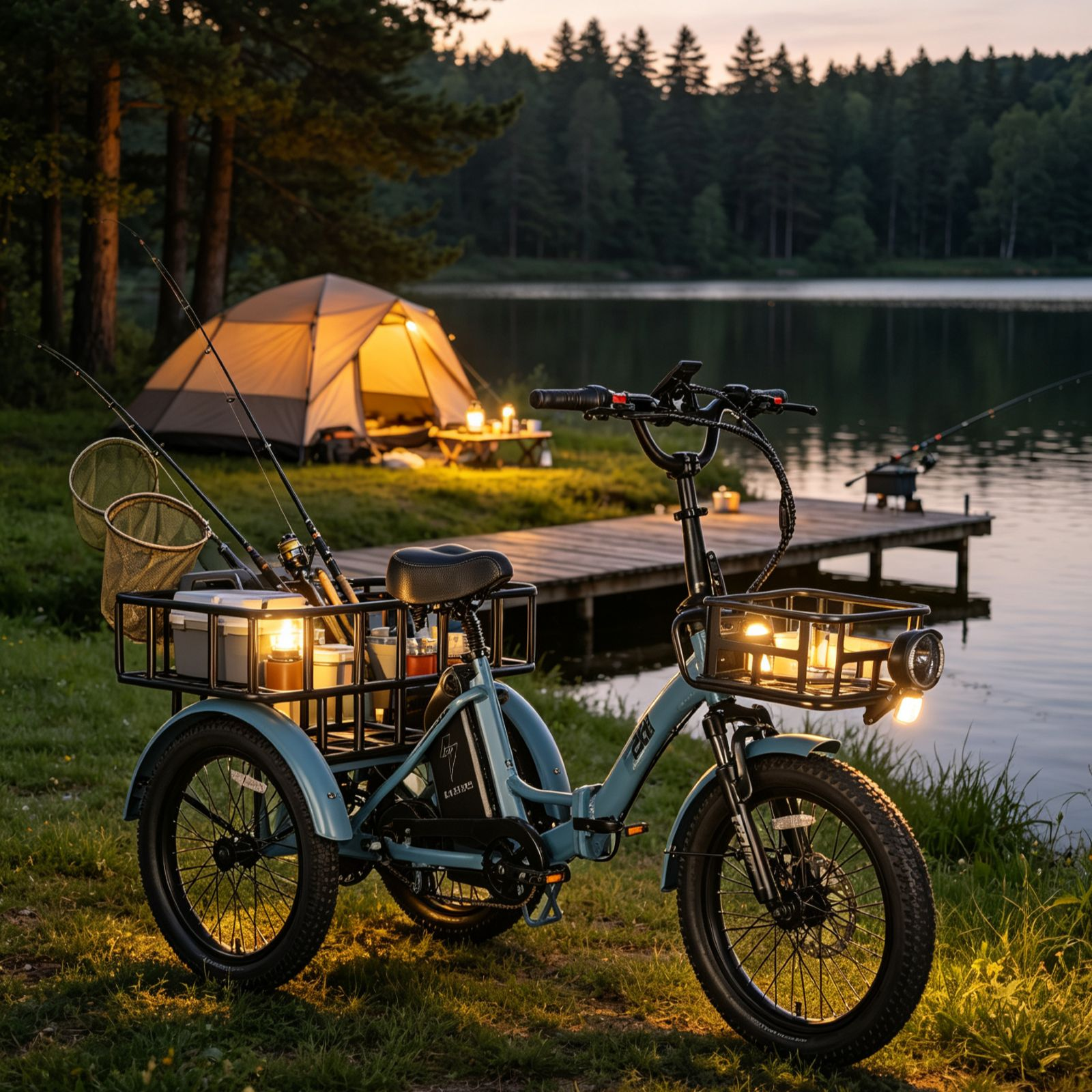 Triciclo de carga azul iluminado junto al lago con equipo de pesca, tienda iluminada y muelle de madera.