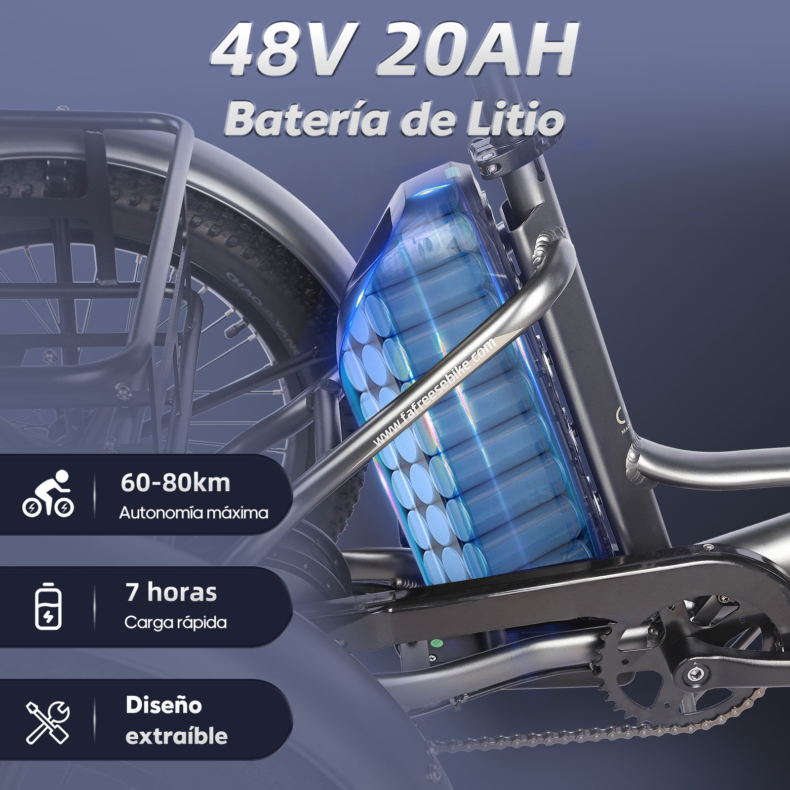 Batería de bicicleta eléctrica destacada con celdas visibles, autonomía, carga rápida y diseño extraíble.