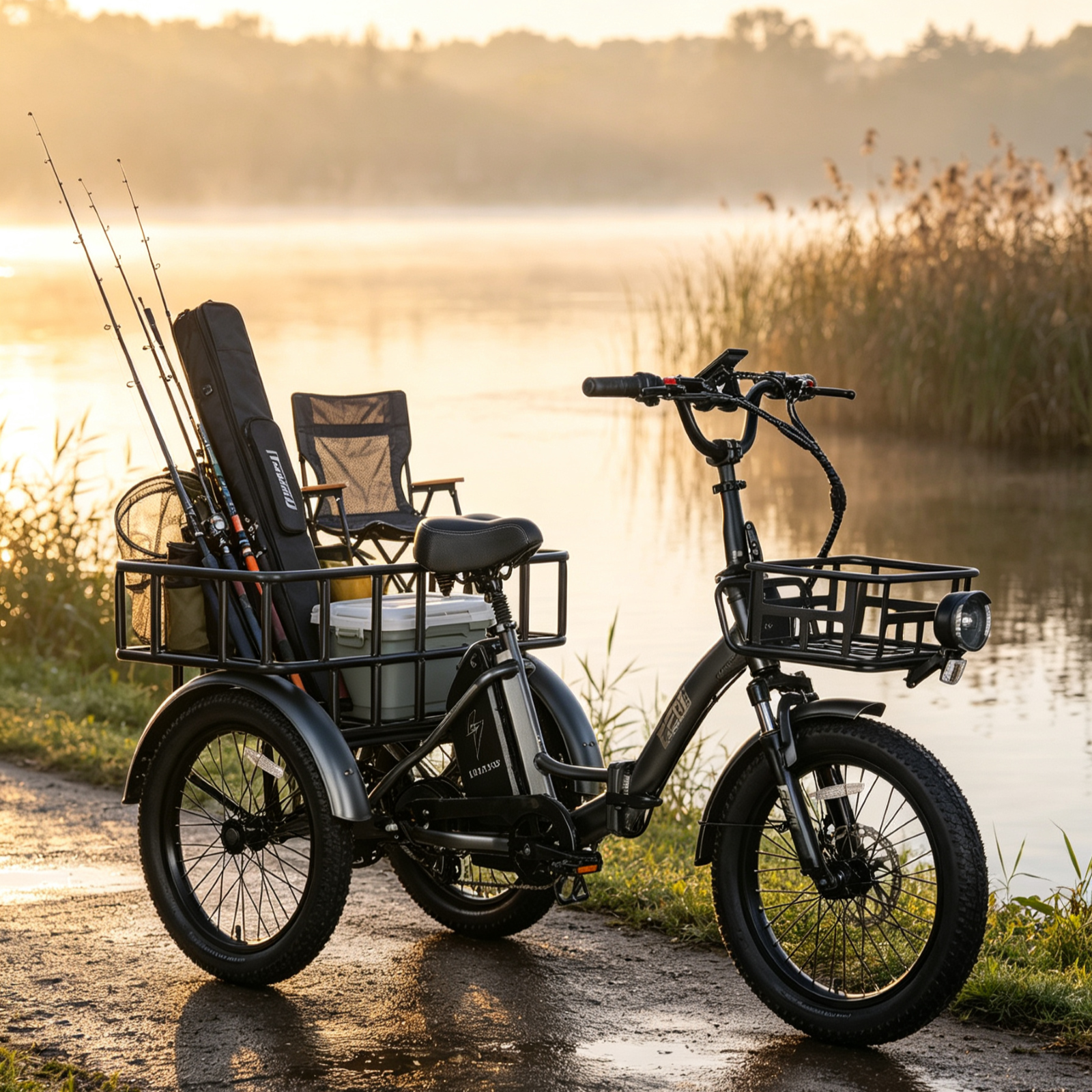 Una bicicleta eléctrica de tres ruedas cargada de aparejos de pesca, junto a un lago brumoso al amanecer.