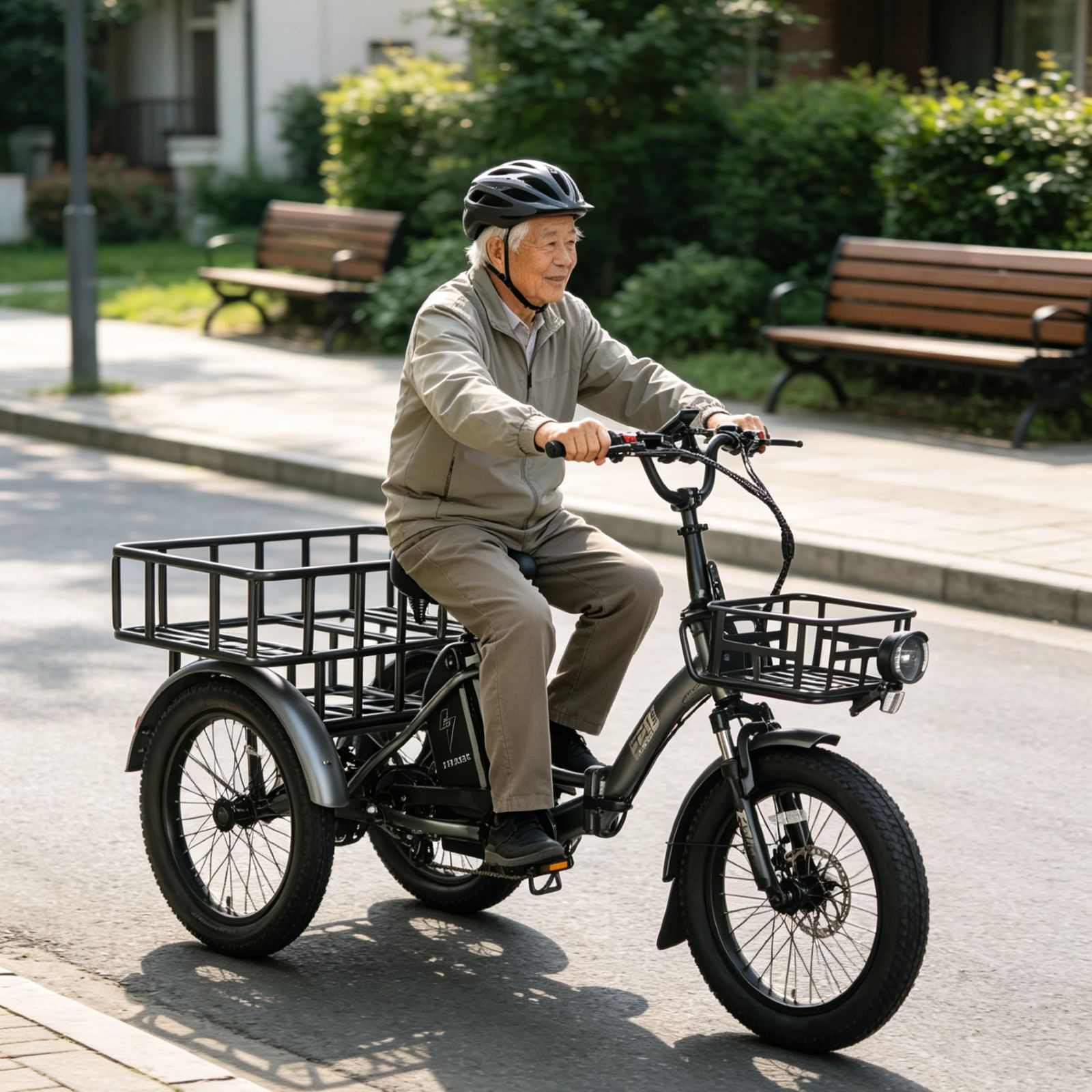 Un anciano monta en un triciclo eléctrico de carga en una calle del parque, con casco.