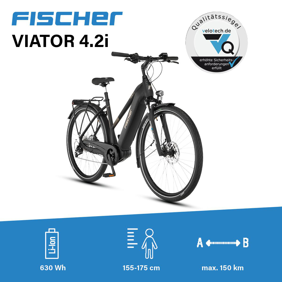 Schwarzes Fischer Viator 4.2i E-Bike vor weißem Hintergrund mit blauen Akzenten und technischen Daten.