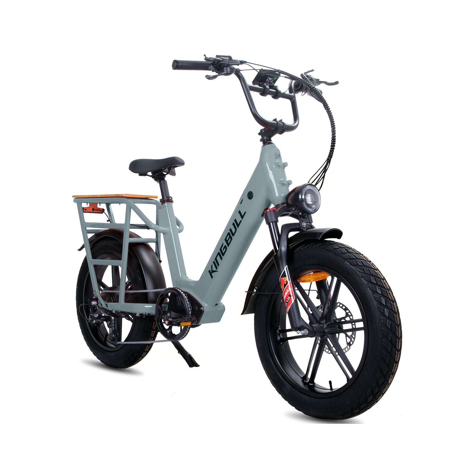 Una bicicletta elettrica Kingbull grigia con pneumatici larghi e portapacchi su sfondo bianco.