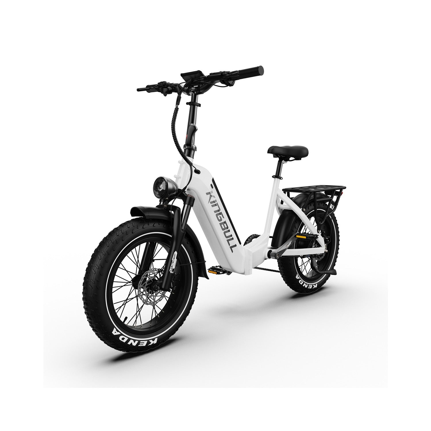 Una bici elettrica Kingbull bianca con pneumatici larghi, faro anteriore, portapacchi e sella nera su sfondo bianco.