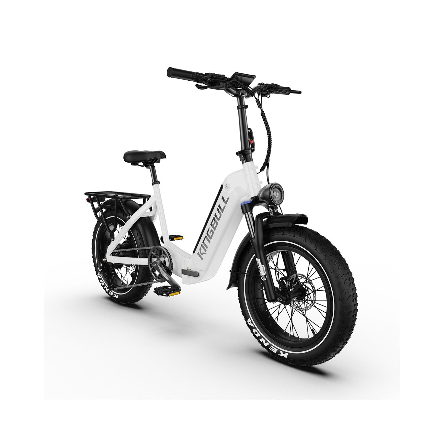 Una bicicletta elettrica bianca con pneumatici larghi, portapacchi posteriore e faro anteriore.