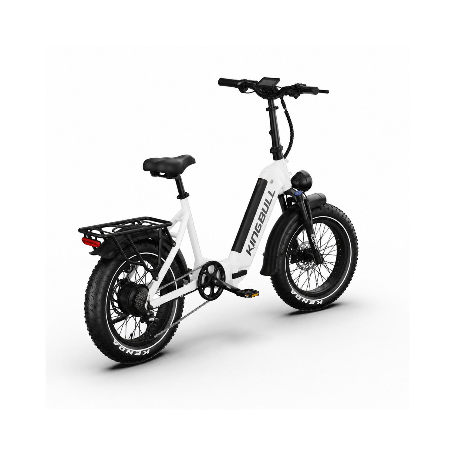 Una bici elettrica Kingbull bianca con pneumatici larghi, portapacchi posteriore e batteria nera su sfondo bianco.