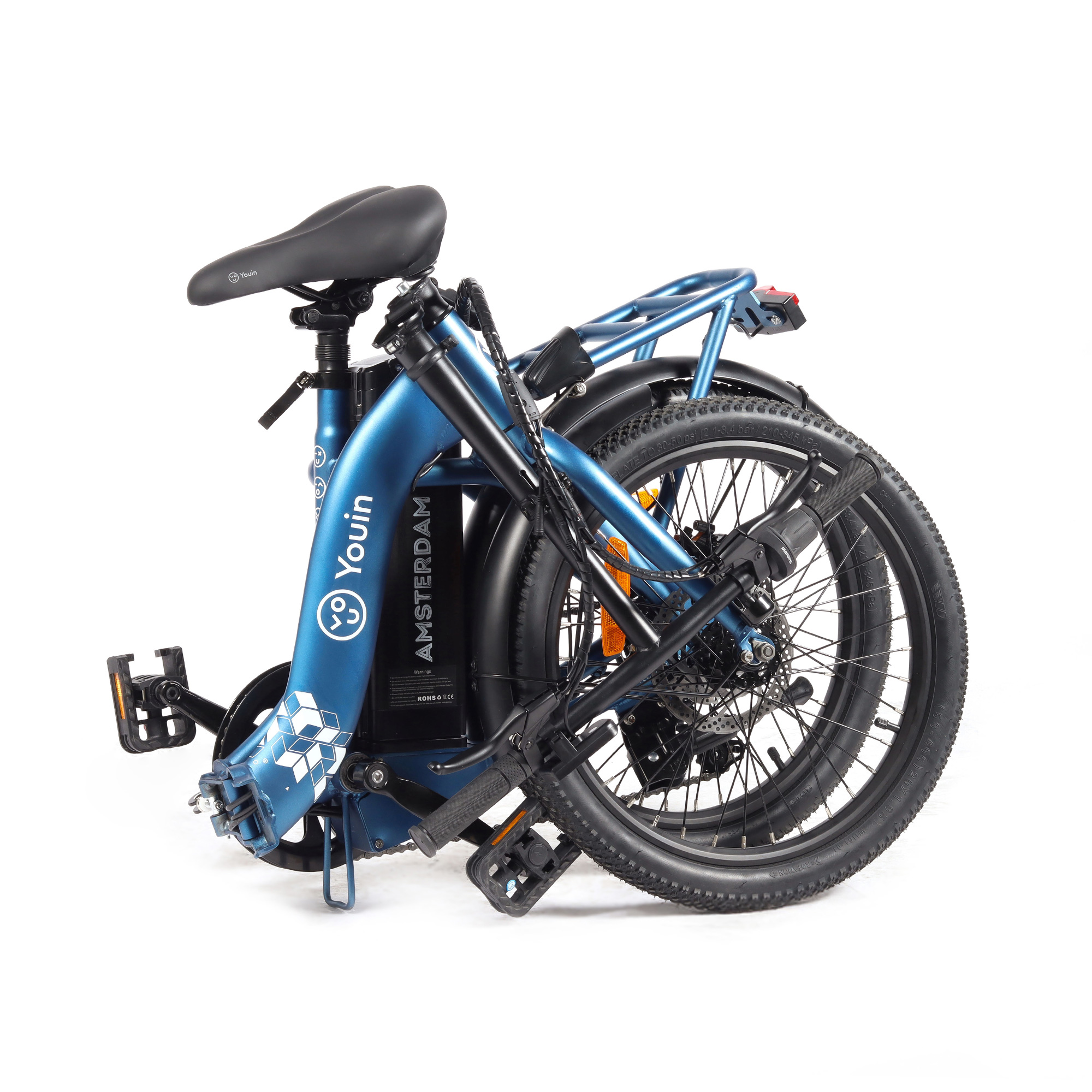 Una bicicleta eléctrica plegable Youin Amsterdam azul sobre fondo blanco.
