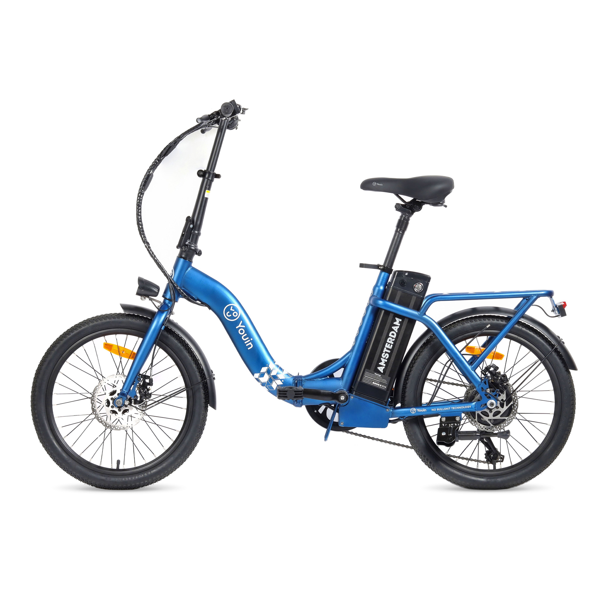 Una bicicleta eléctrica plegable azul con sillín negro, portaequipajes y batería en el cuadro sobre fondo blanco.