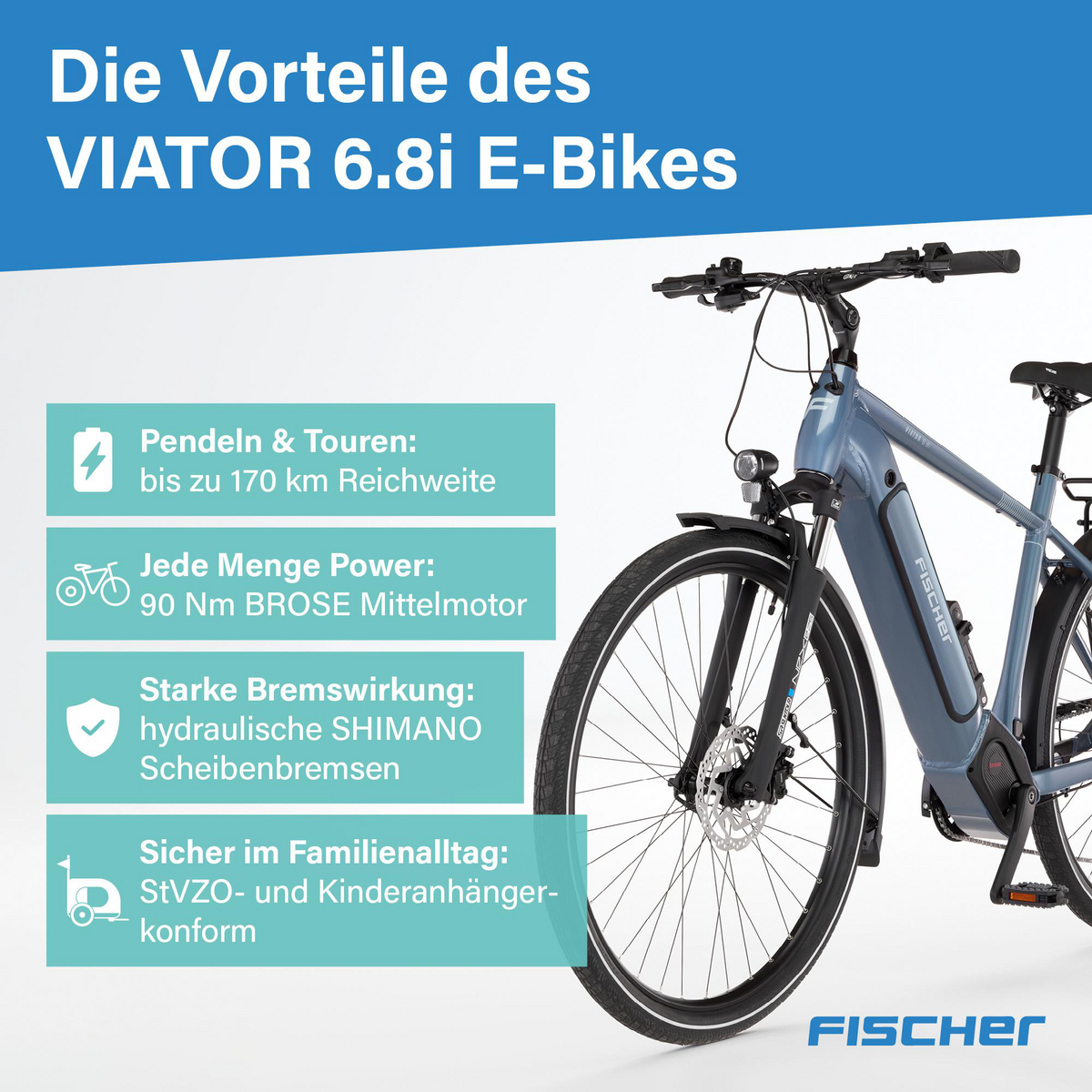 Blaue Grafik mit blauem E-Bike und vier Textfeldern über die Vorteile des VIATOR 6.8i.