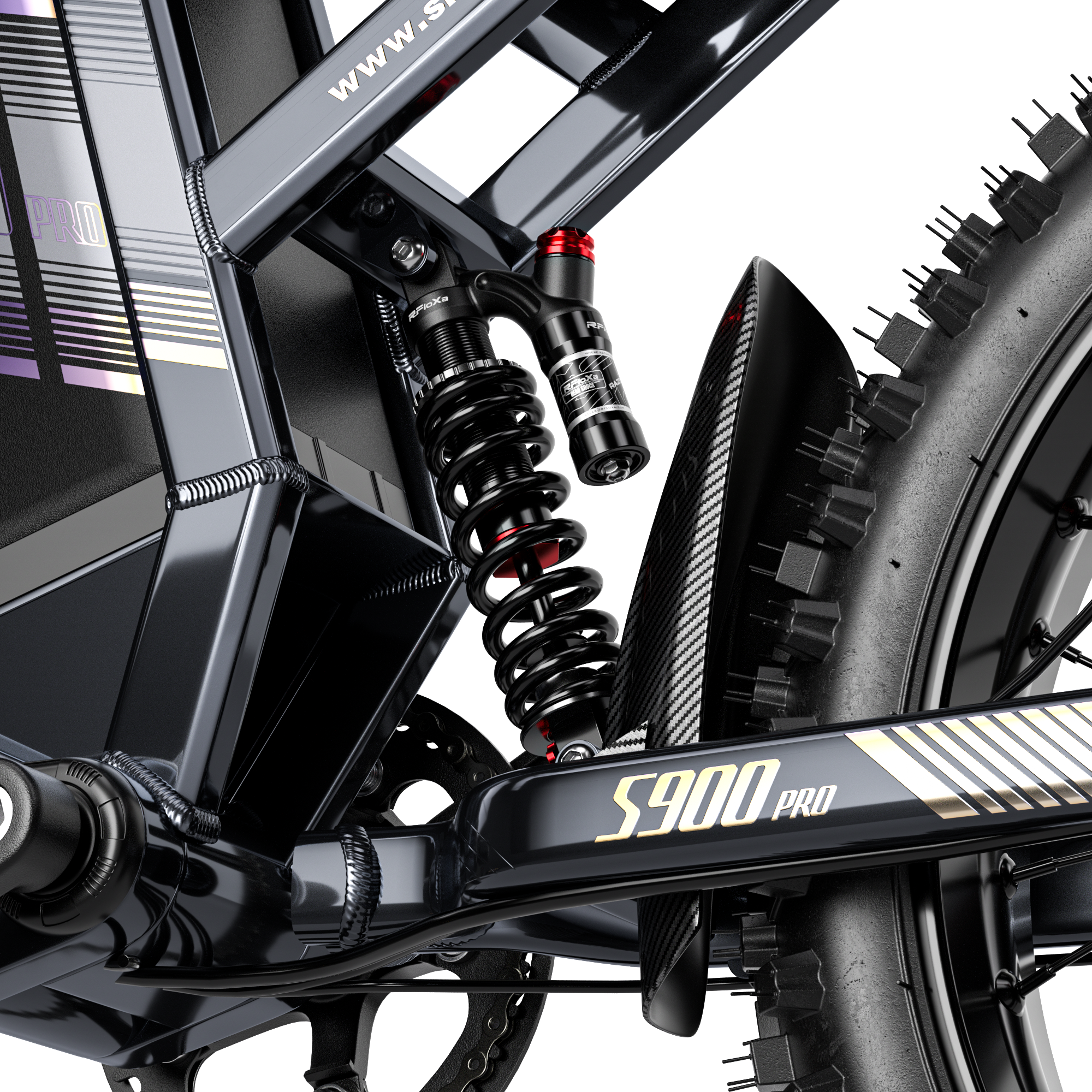 Primo piano della sospensione posteriore nera e del battistrada di una e-bike S900 Pro.