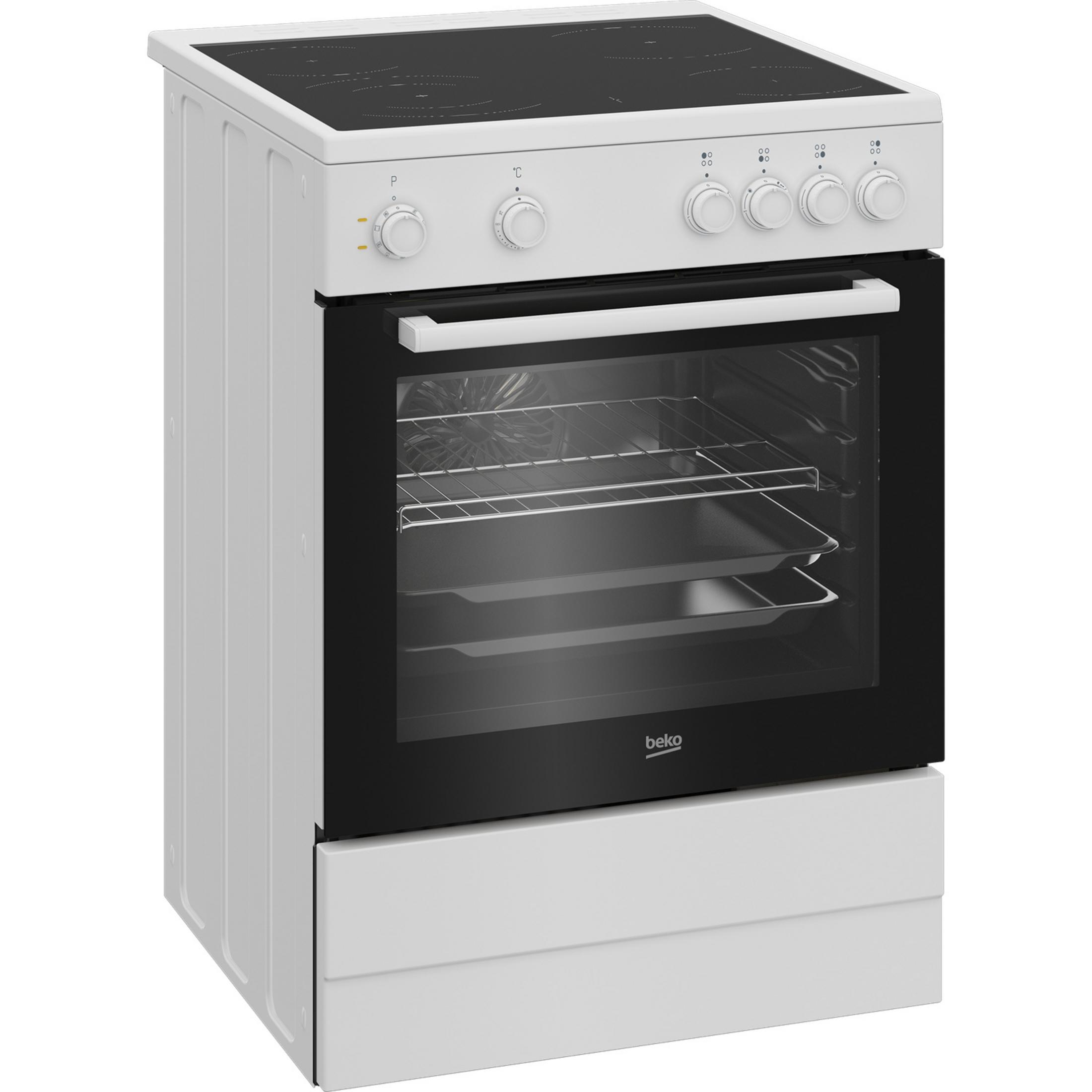 Una cucina elettrica bianca Beko con piano cottura nero e porta in vetro, con griglie e teglie.