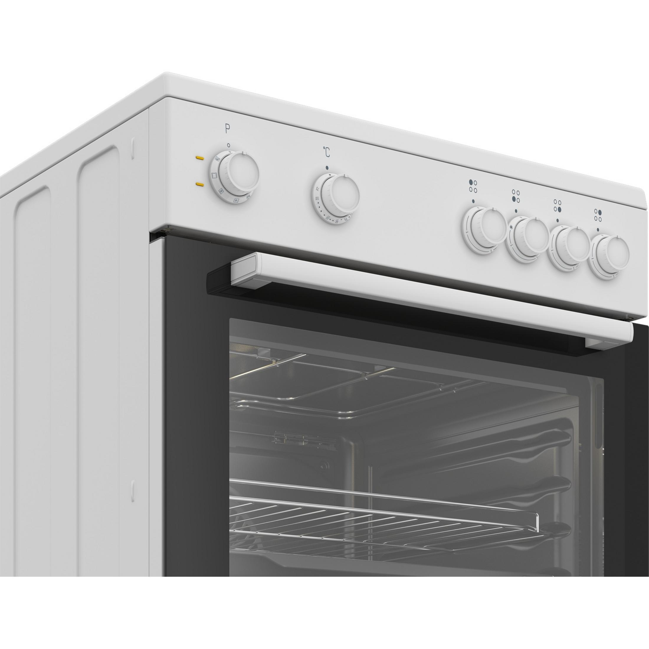 Forno elettrico bianco con porta in vetro nero, manopole di controllo e griglia metallica.