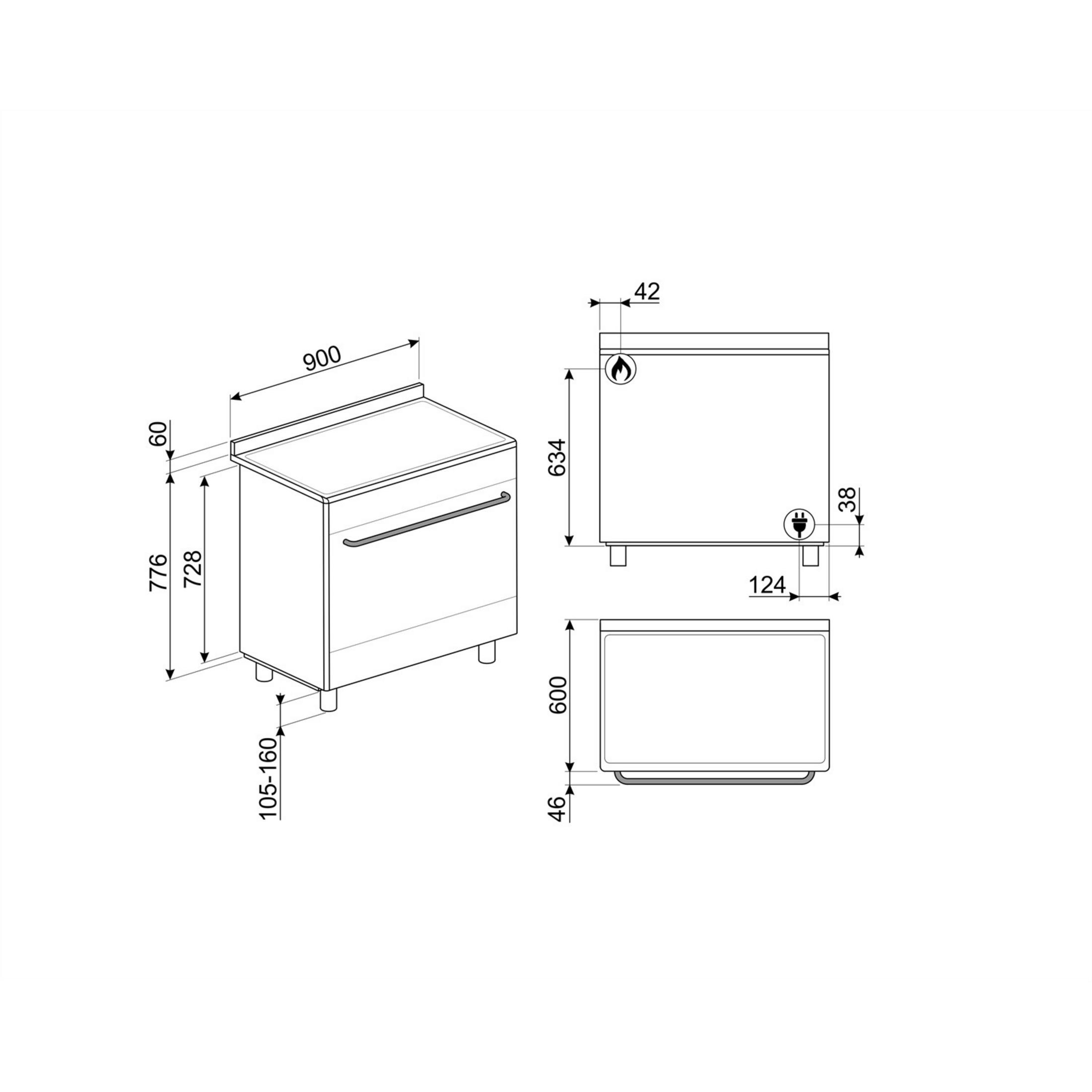 Disegno tecnico di un elettrodomestico da cucina con quote in varie viste.