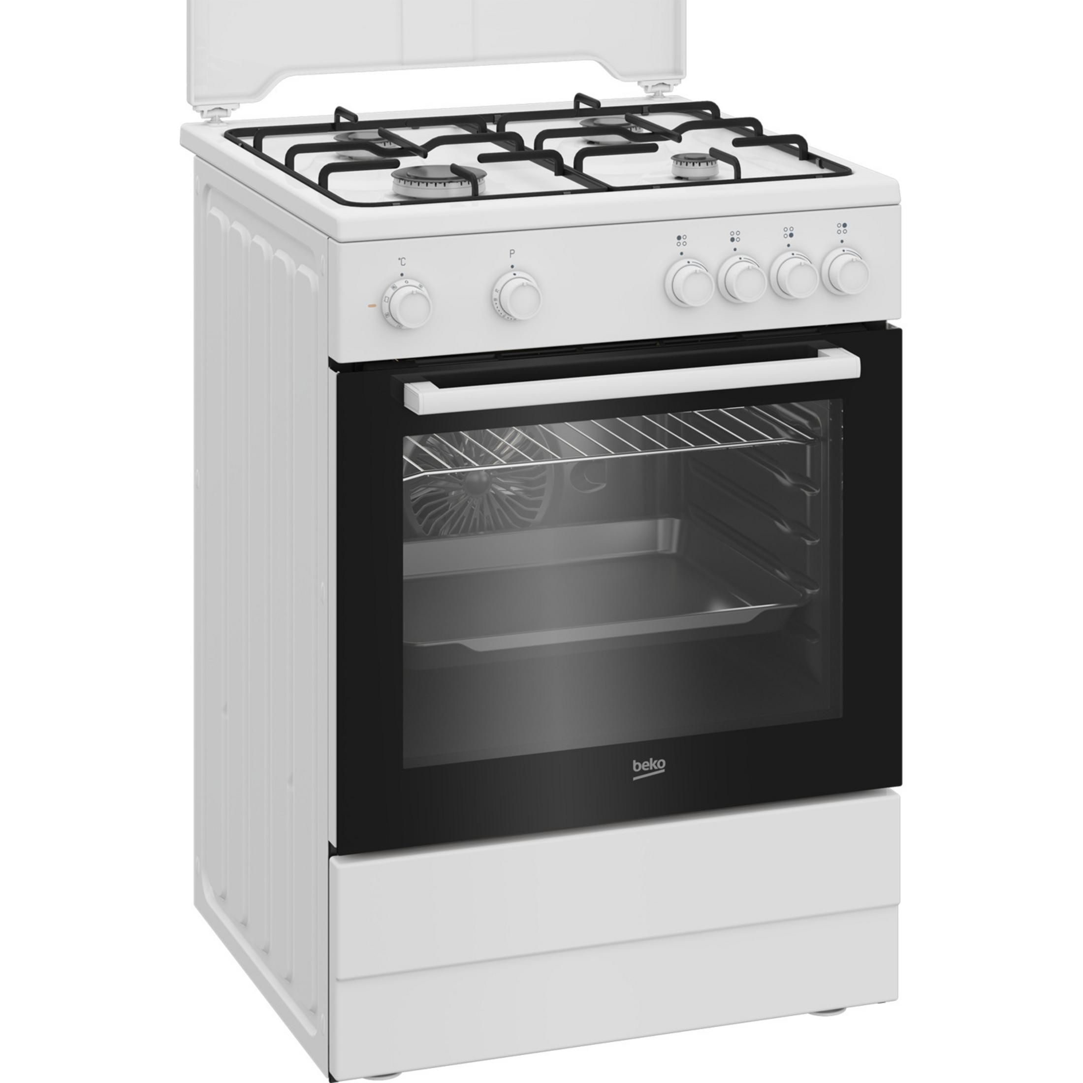 Una cucina a gas bianca Beko con piano cottura e forno con porta in vetro nero su sfondo bianco.