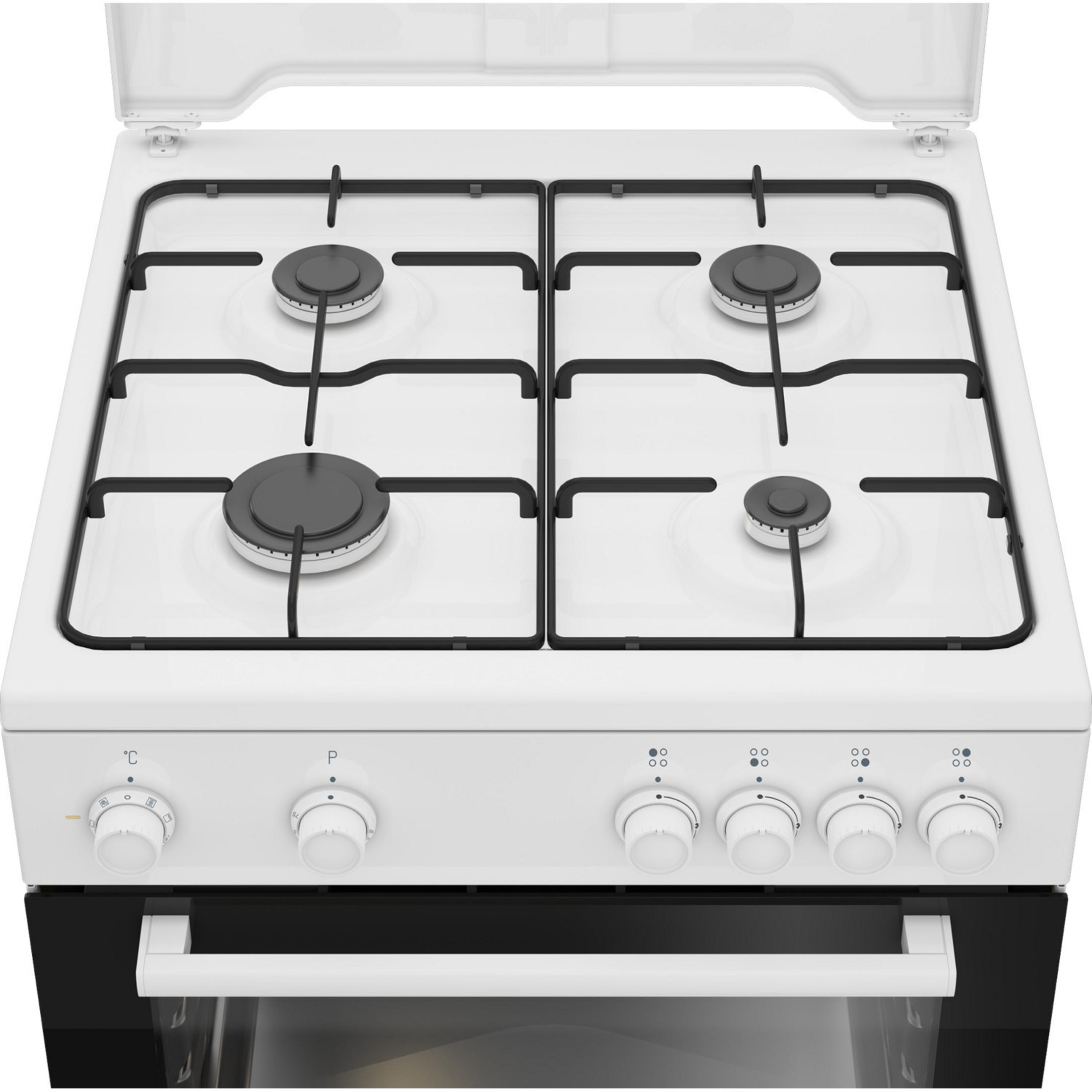 Una cucina a gas bianca con quattro bruciatori, griglie in ghisa e manopole.
