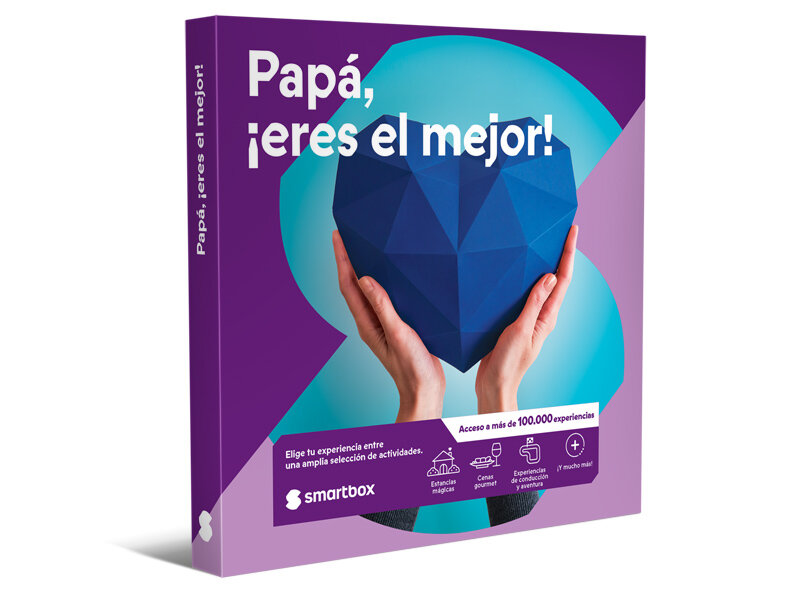 Caja de regalo Smartbox morada con manos sosteniendo un corazón azul y el texto Papa, eres el mejor.