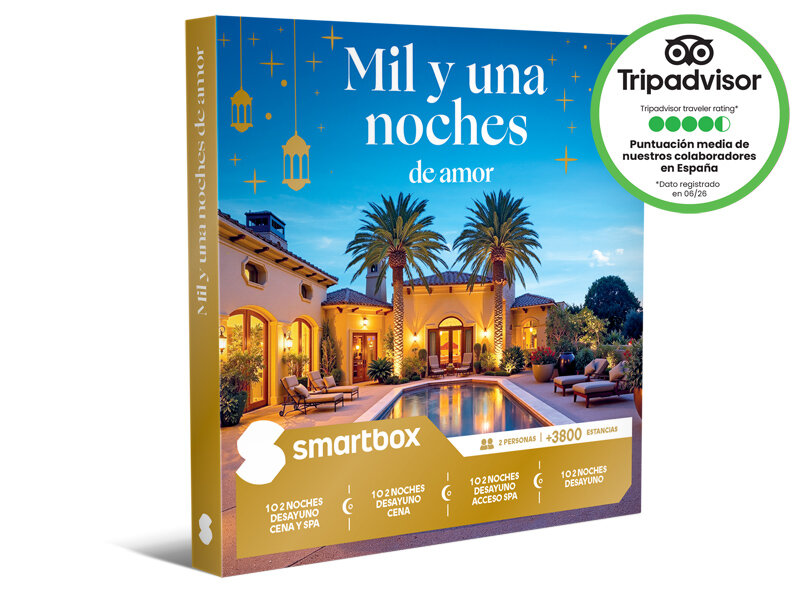 Caja regalo Smartbox con piscina de complejo turístico, palmeras e iluminada villa al anochecer, y sello TripAdvisor.