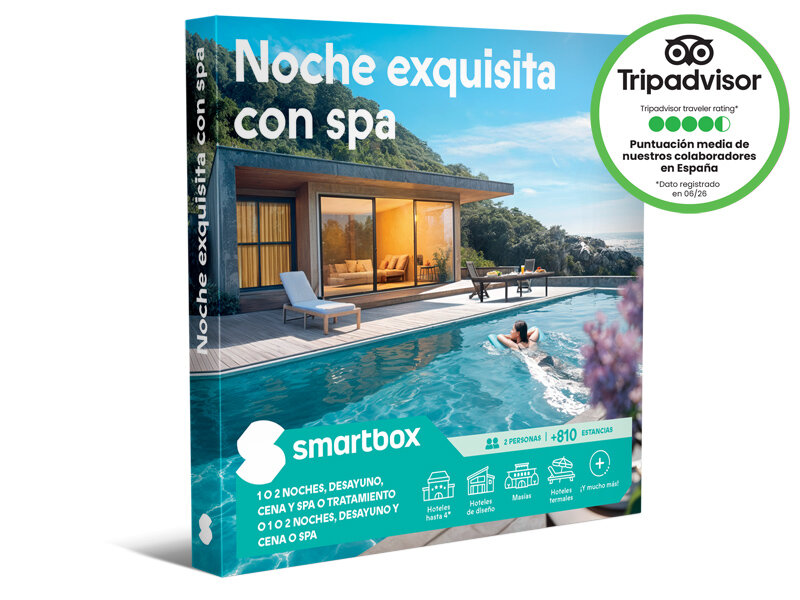 Caja regalo Smartbox para una noche con spa, con imagen de casa moderna y piscina.