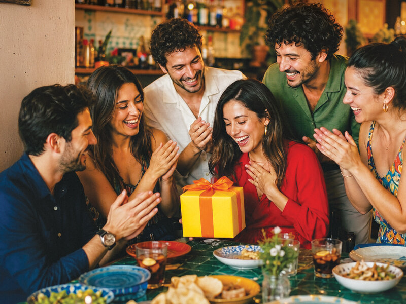 Amigos sonrientes alrededor de una mesa aplauden mientras una mujer de rojo abre entusiasmada un regalo amarillo.