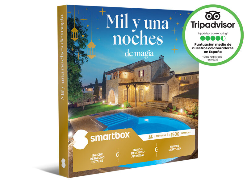 Caja de regalo Smartbox que muestra una casa de piedra iluminada y piscina.