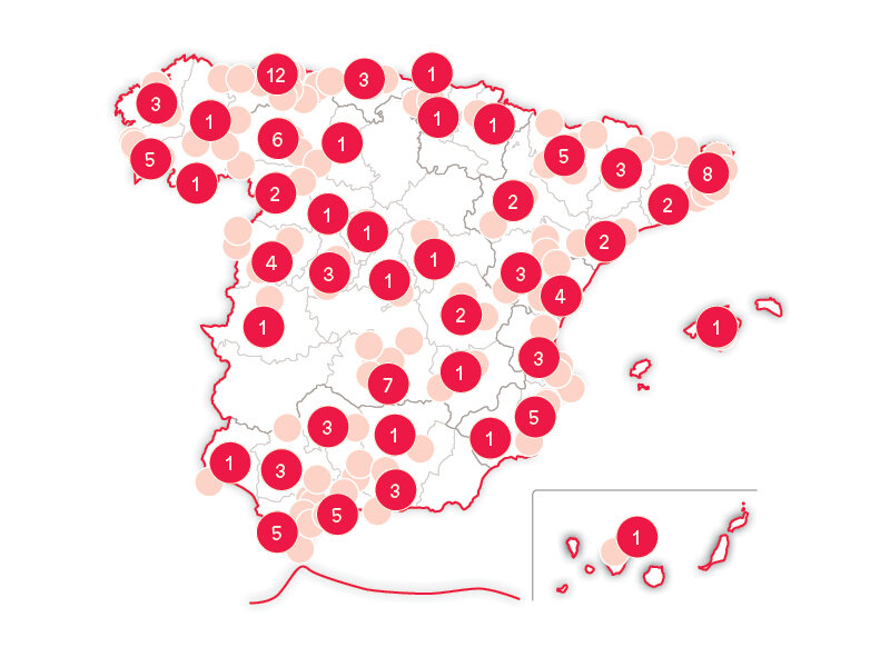 Mapa de España marcado con círculos rojos y rosa claro.