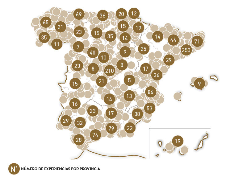Mapa de España con círculos marrones y números que muestran el número de experiencias por provincia.