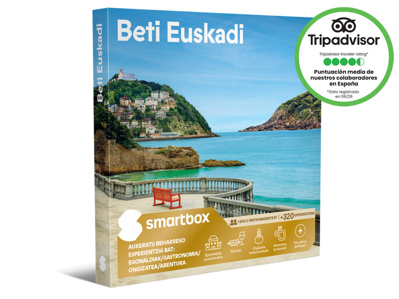Caja Smartbox Beti Euskadi con escena costera y banco rojo.