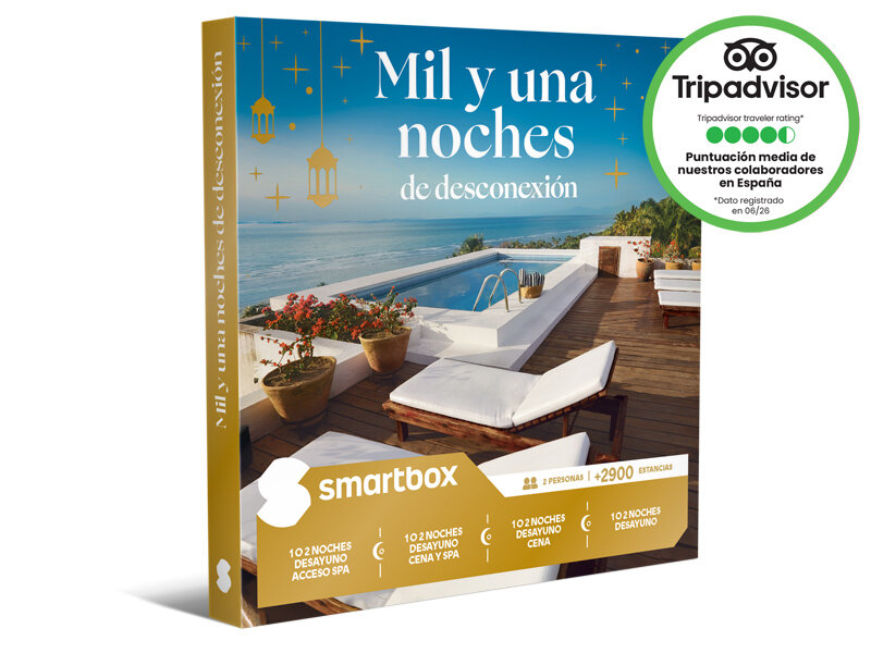 Caja de regalo Smartbox con foto de una piscina con vistas al mar y el texto Mil y una noches de desconexión.
