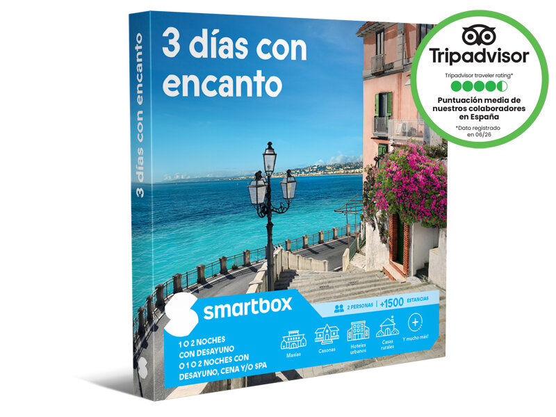 Caja de regalo Smartbox con vista al mar, escaleras y flores, y sello de TripAdvisor en la esquina superior derecha.