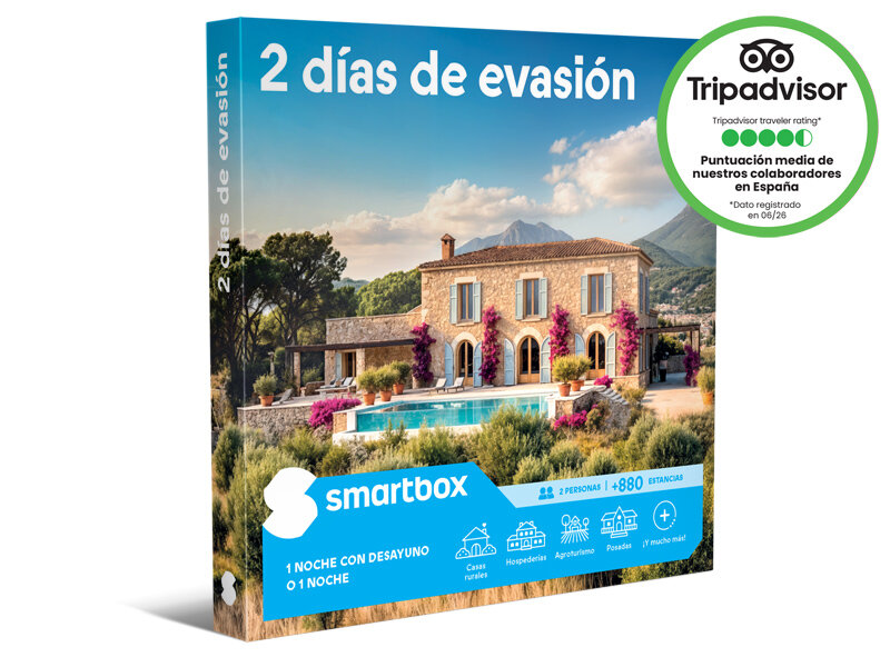 Caja Smartbox titulada 2 días de evasión con una casa de piedra con piscina, montañas y un sello de Tripadvisor.