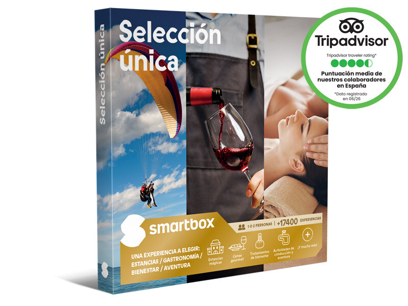 Caja regalo Smartbox con parapente, vino y masaje, y sello de TripAdvisor.
