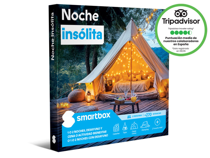 Caja regalo Smartbox con un tipi iluminado en el bosque, una cama acogedora y una cesta de picnic.