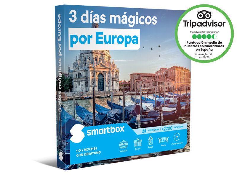 Caja regalo Smartbox 3 días mágicos en Europa con una escena de los canales de Venecia.