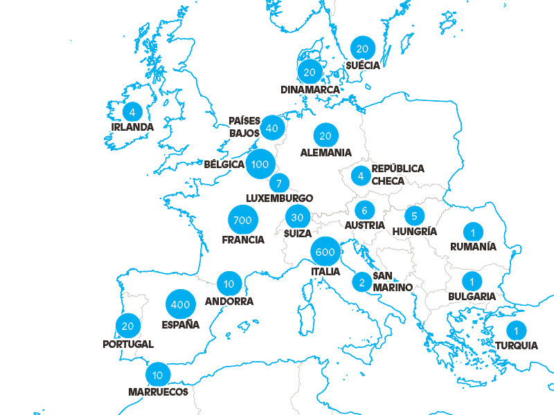 Mapa de Europa con círculos azules y números para diferentes países.