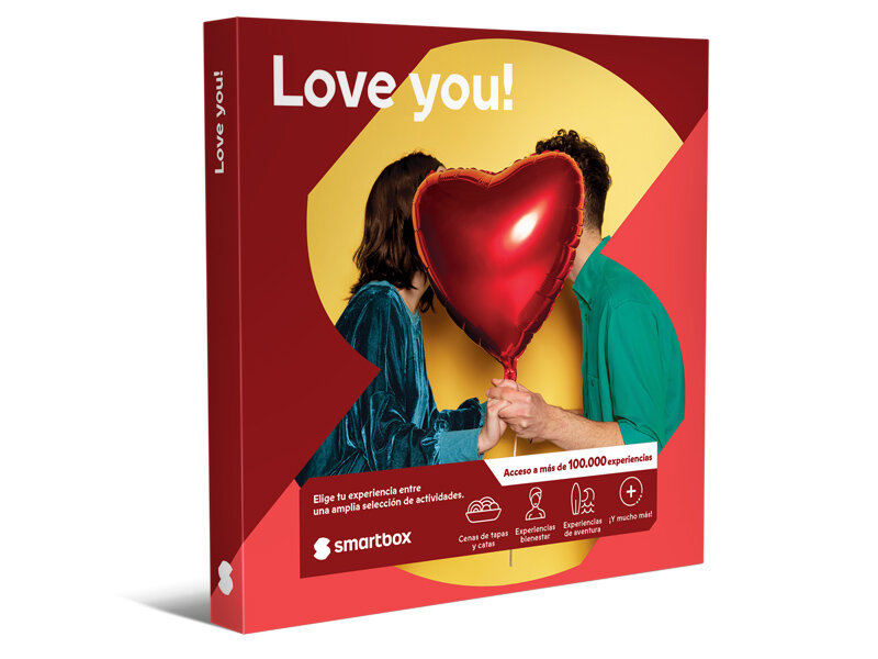 Caja de regalo roja de Smartbox con texto Love you!, mostrando a una pareja ocultando sus rostros tras un globo en forma de corazón.