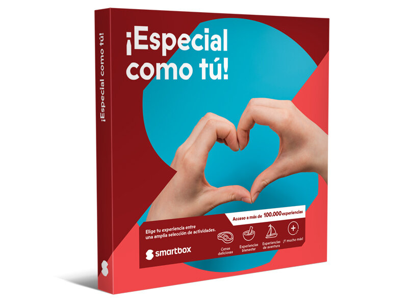 Caja de regalo Smartbox roja con el texto Especial como tú y dos manos formando un corazón.