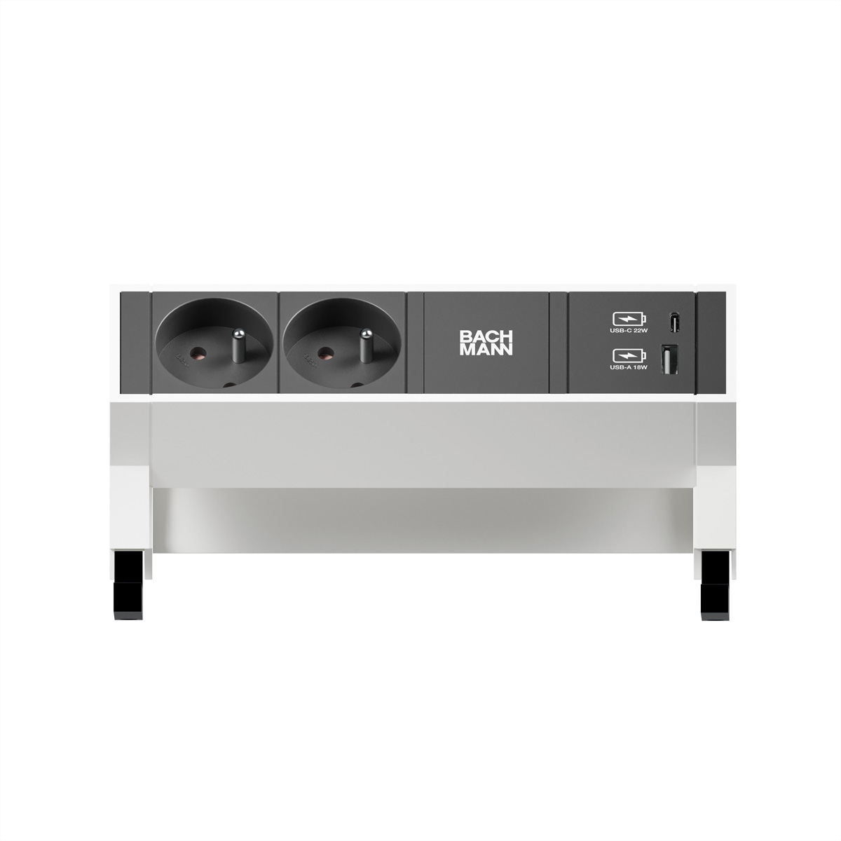 White Bachmann power strip with two sockets, brand logo, and USB-A and USB-C ports.