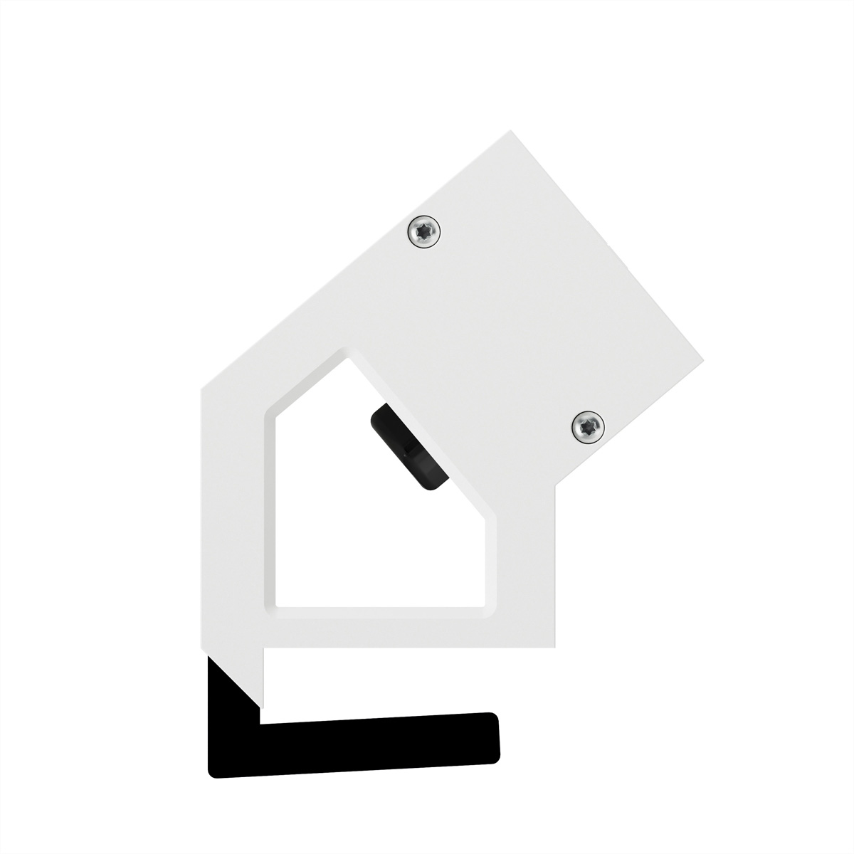 White, house-shaped holder with two screws and black edges on a white background.