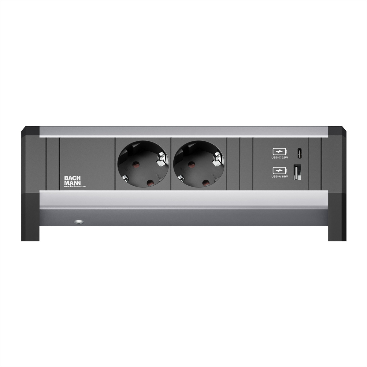 Eine silber-schwarze Bachmann Steckdosenleiste mit zwei Steckdosen, USB-C- und USB-A-Anschlüssen.