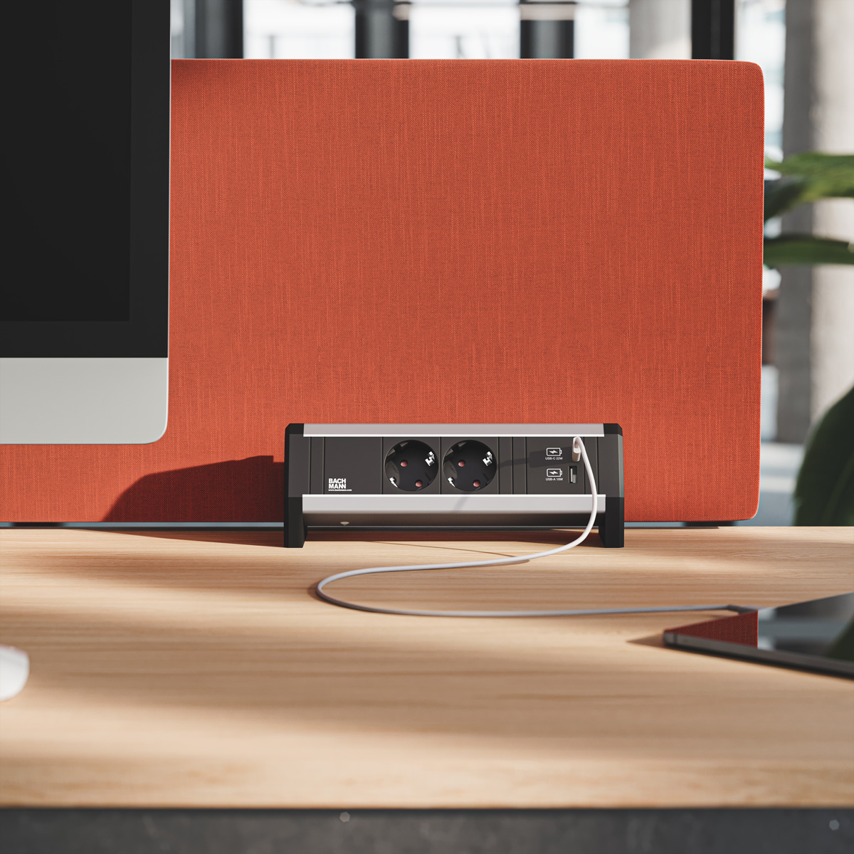 Eine Steckdosenleiste mit zwei Steckdosen und USB-Anschlüssen auf einem Holztisch vor einer roten Trennwand.