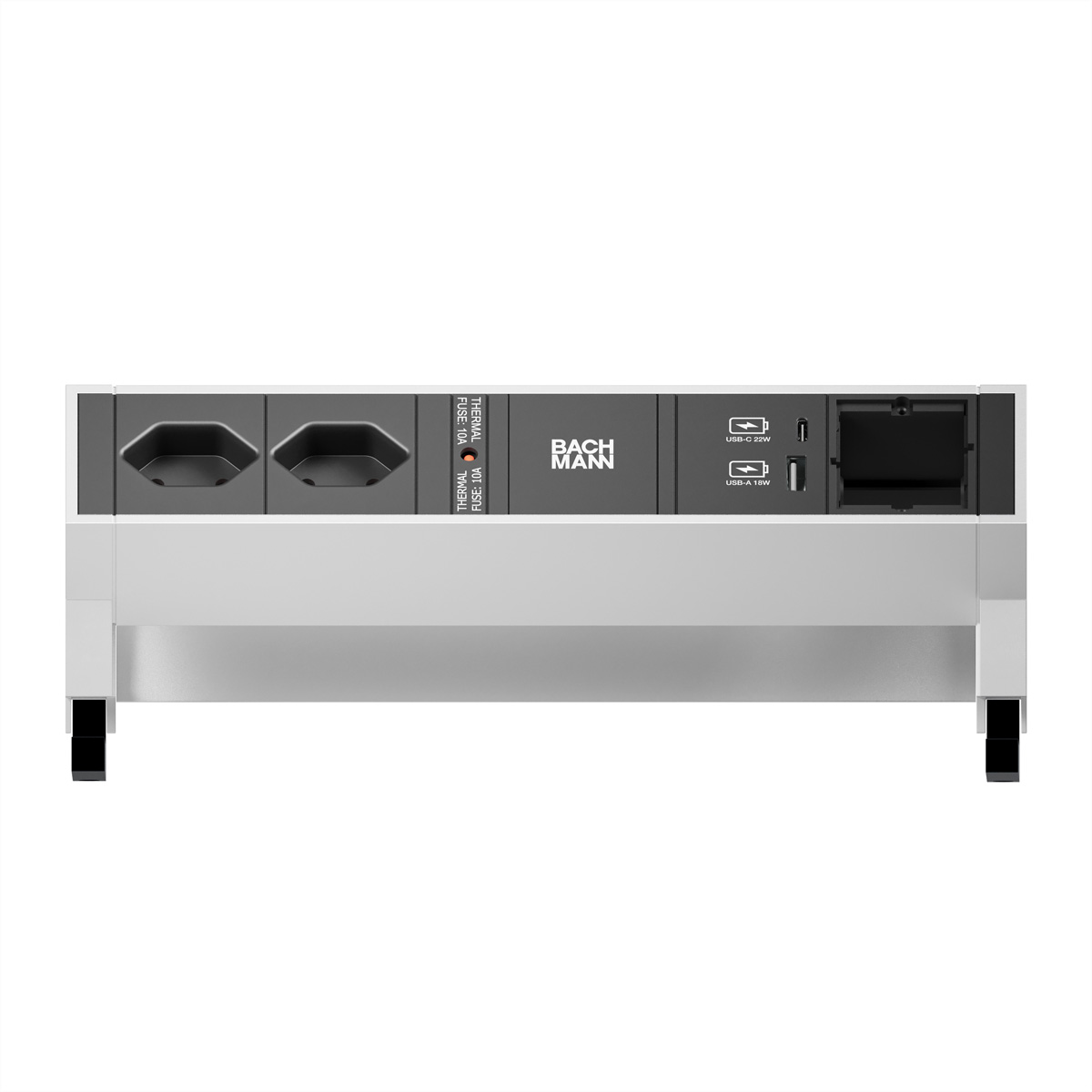 Bachmann Schreibtisch-Anschlussfeld mit Steckdosen, USB-C, USB-A und Netzwerkanschluss auf silbergrauem Sockel.