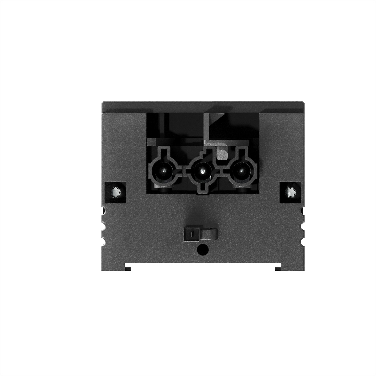 Ein schwarzes elektrisches Bauteil mit drei Steckern und zwei Schrauben auf weißem Hintergrund.