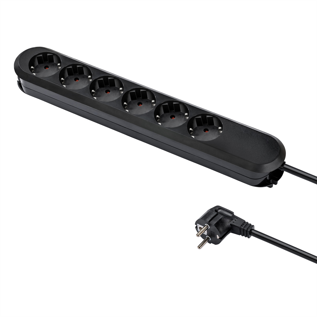 Eine schwarze Mehrfachsteckdose mit sechs Steckplätzen und einem angeschlossenen Kabel mit Stecker auf weißem Grund.