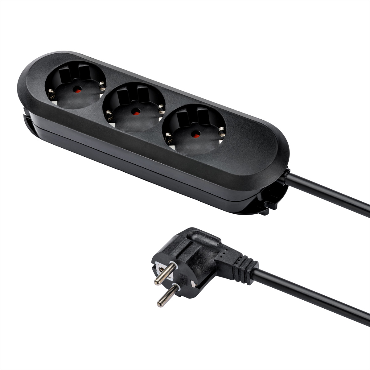 Schwarze Steckdosenleiste mit drei Steckdosen und einem abgewinkelten Stecker auf weißem Hintergrund.