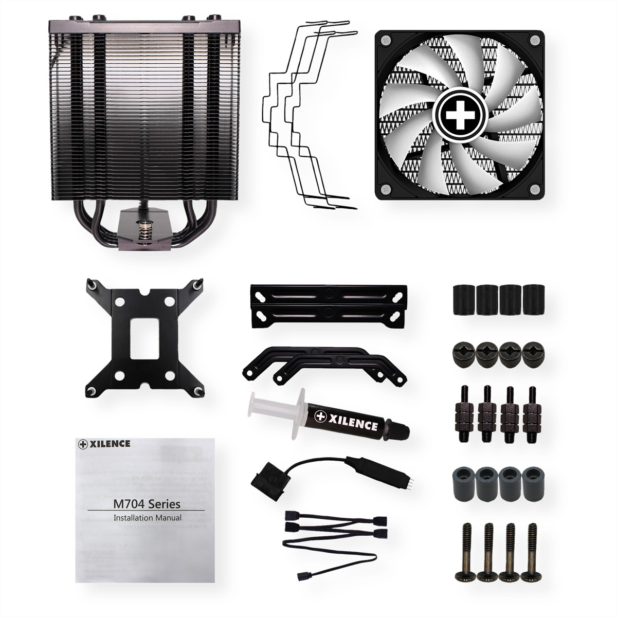 CPUs-Kühler-Set mit Kühlkörper, Lüfter, Montageclips, Backplate, Schrauben, Wärmeleitpaste und Anleitung auf weiß.