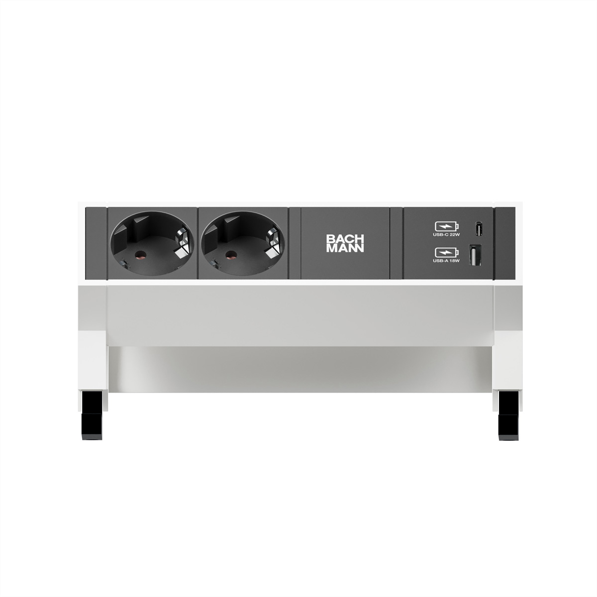 Una ciabatta Bachmann con due prese elettriche e porte di ricarica USB-C e USB-A.